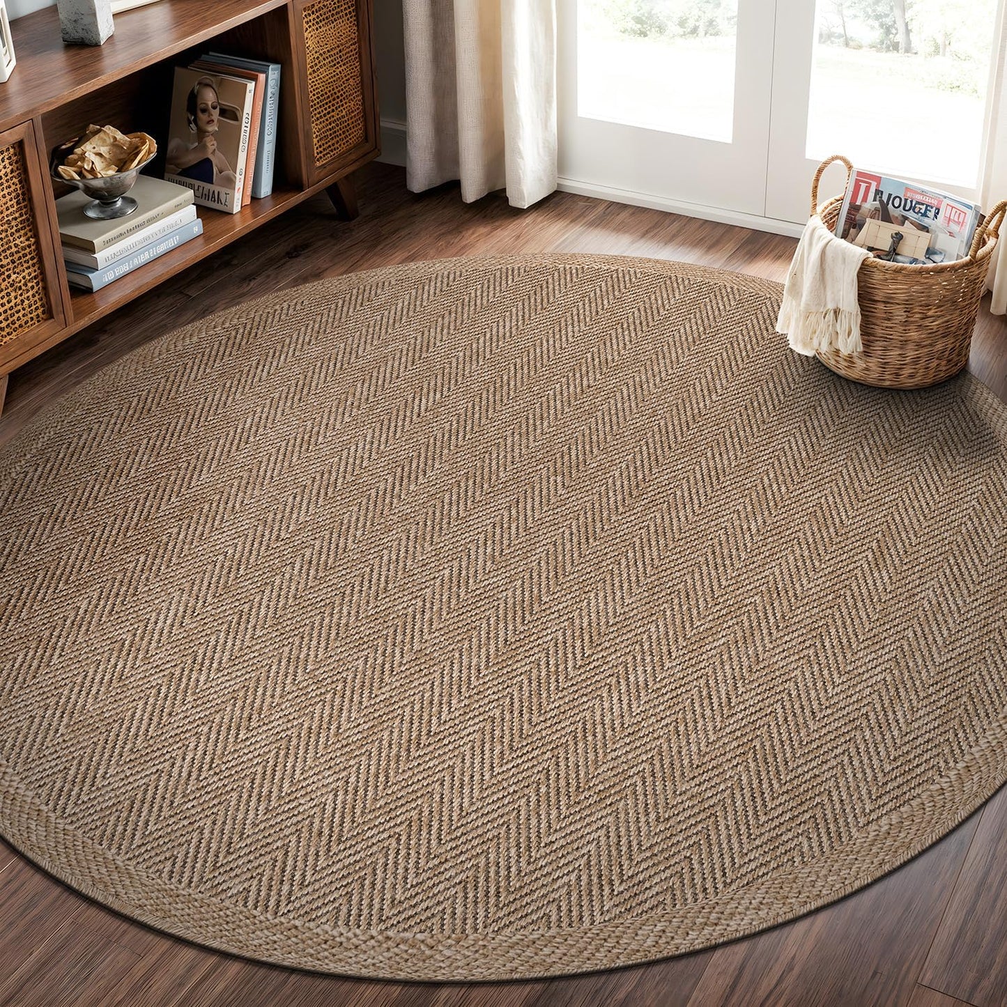 CAMILSON Easy Jute Rug 8x10, Indoor Outdoor Natural Color Fiber Area Rugs for Living Room and Patio Rug Herringbone Seagrass Boho Woven Design Easy-Cleaning Washable Outside Carpet Alfombras 8 x 10