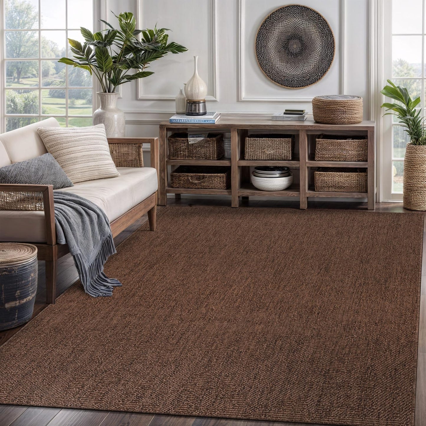 CAMILSON Easy Jute Rug 8x10, Indoor Outdoor Natural Color Fiber Area Rugs for Living Room and Patio Rug Herringbone Seagrass Boho Woven Design Easy-Cleaning Washable Outside Carpet Alfombras 8 x 10