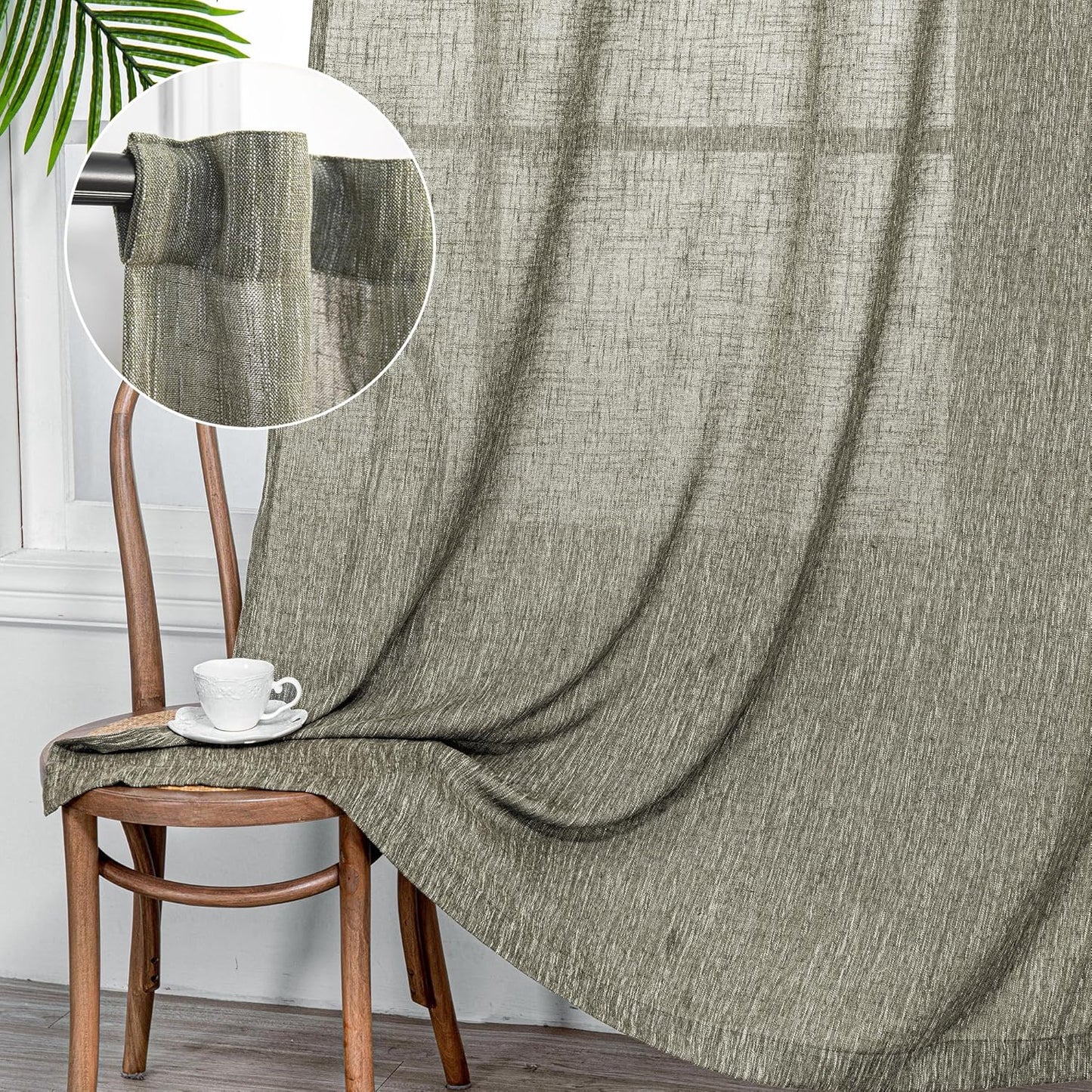 MYSKY HOME Linen Curtains for Living Room, Natural Semi Sheer Curtains & Drapes 84 inches Length 2 Panels Set Farmhouse Country Boho Style Back Tab Draperies for Sliding Glass Door, 50" Wide, Linen