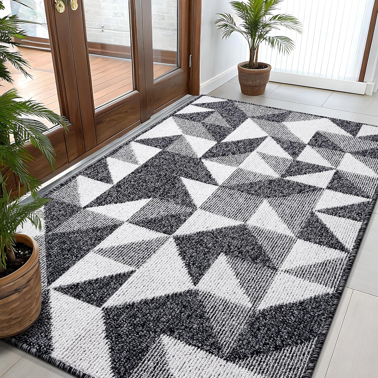OLANLY Door Mat Indoor Entrance Washable 32x20, Odor-Free Low-Profile Front Back Geometric Doormat, Absorbent Resist Dirt Entry Carpet, Easy to Clean Sturdy Inside Floor Mats for Entryway, Black